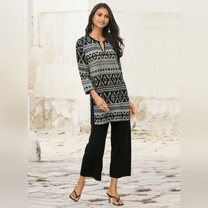 Peruvian Connection Hagen Tunic Geometric Pattern Black Side-Slit Pima Cotton L